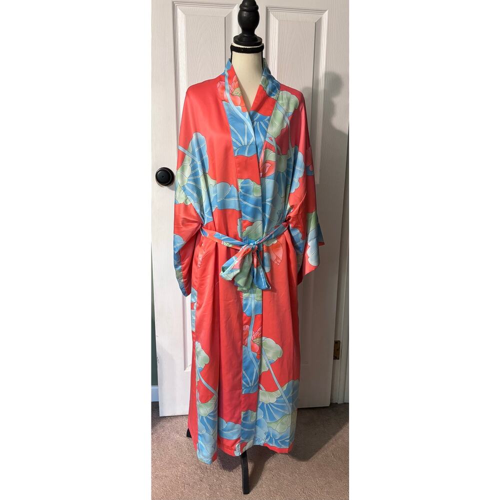 Natori Kimono Robe Women's Size Large Pink Blue Floral Loungewear